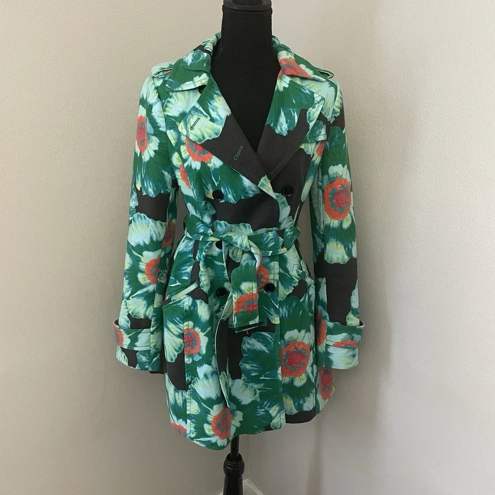 BANANA REPUBLIC Sz S Floral Belted Trench Coat Green Multicolor Double‎ Breasted